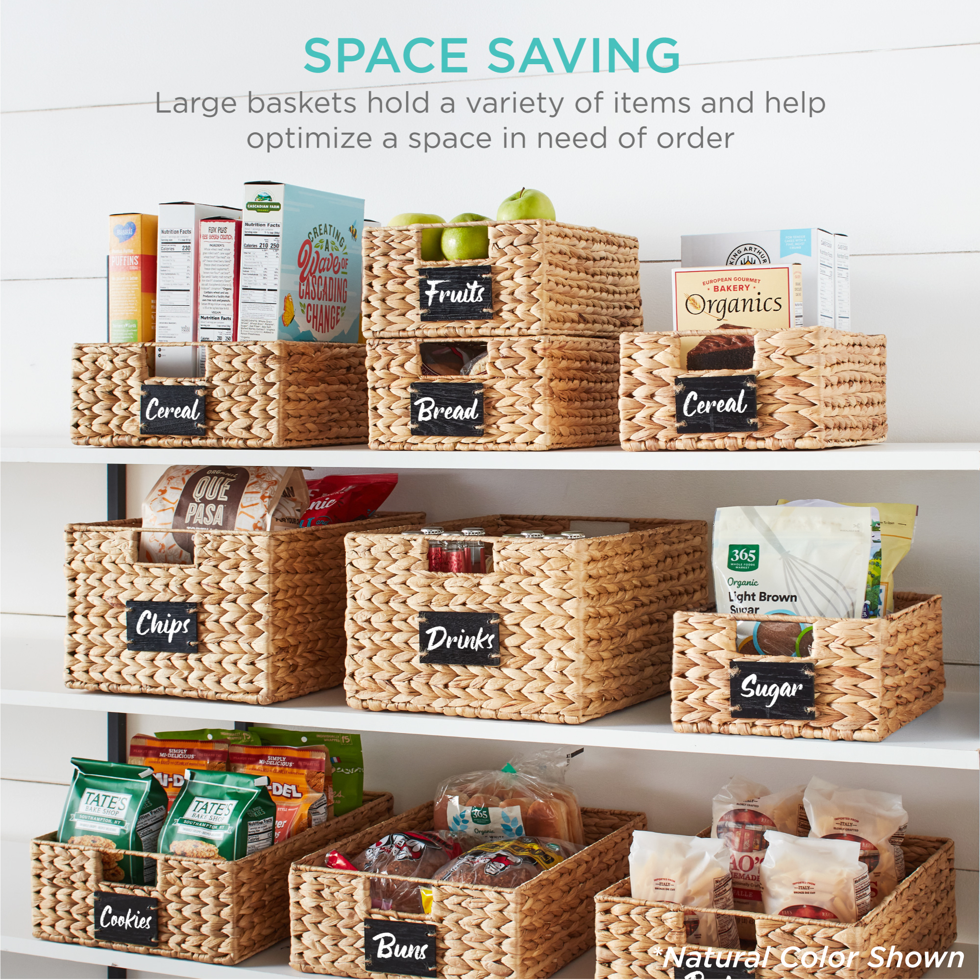 Set of 4 Water Hyacinth Pantry Baskets w/ Chalkboard, Marker – 12in – White — photo 2
