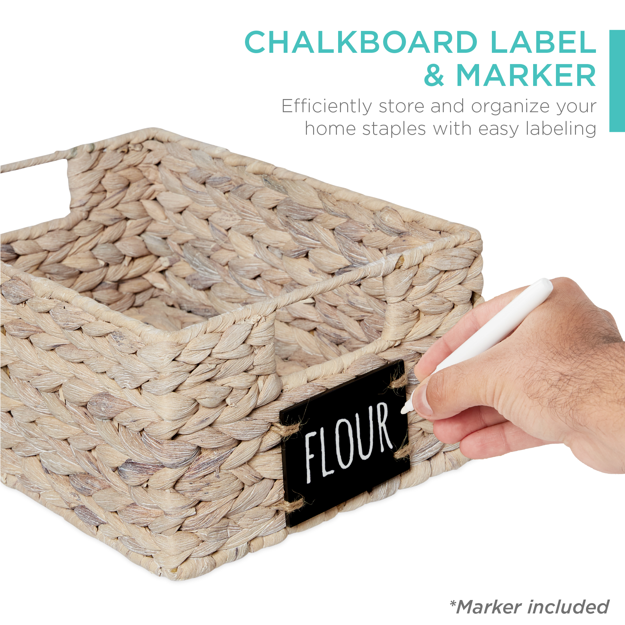 Set of 4 Water Hyacinth Pantry Baskets w/ Chalkboard, Marker – 12in – White — photo 2