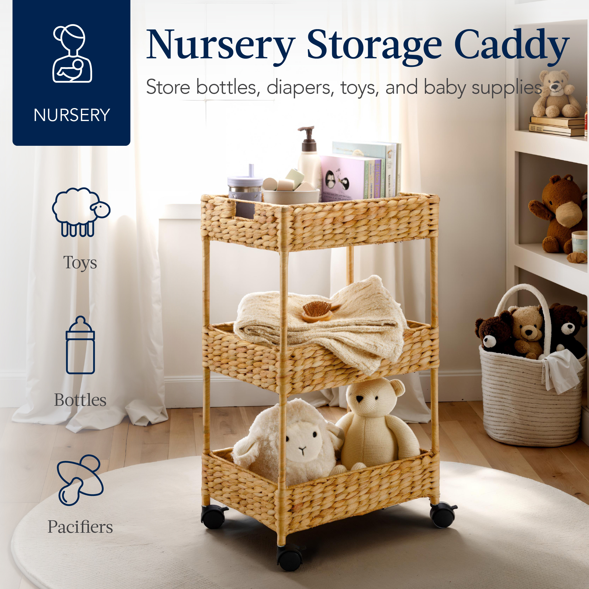 3-Tier Water Hyacinth Rolling Utility Cart w/ Weaved Baskets – Natural — photo 2