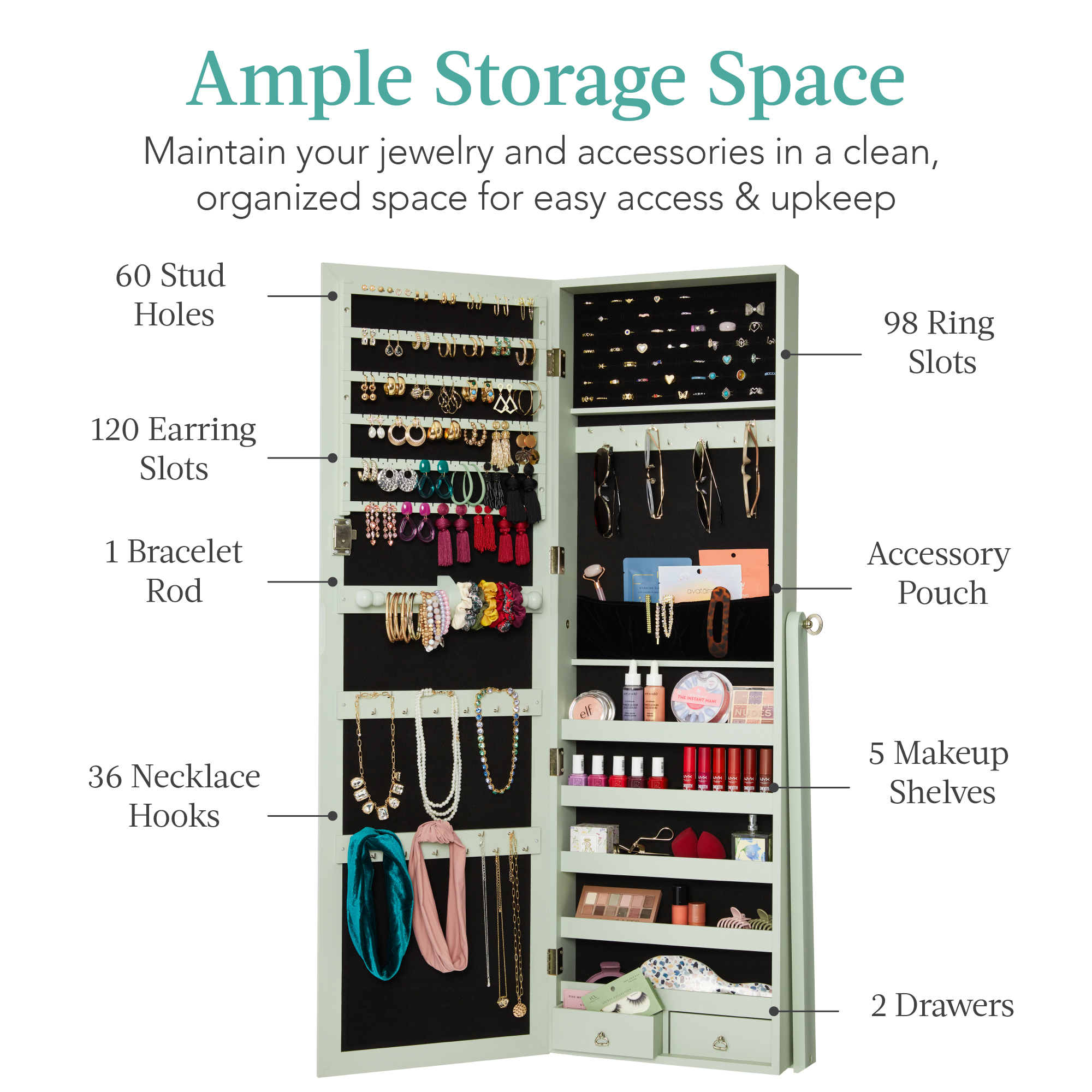 Best Choice Products Mirrored Jewelry Armoire with Stand - White for