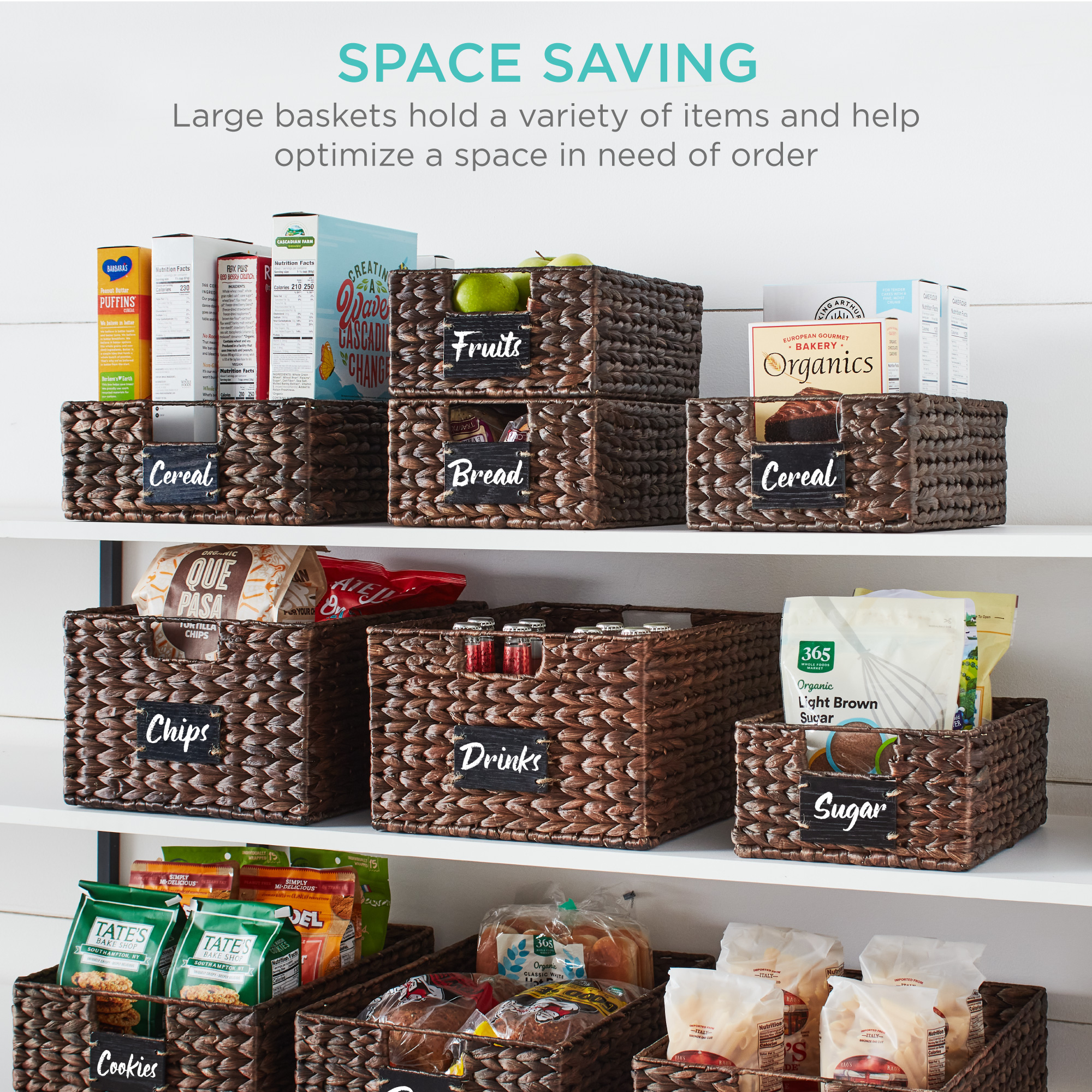 Set of 2 Water Hyacinth Pantry Baskets w/ Chalkboard, Marker – 16in – Brown — photo 2