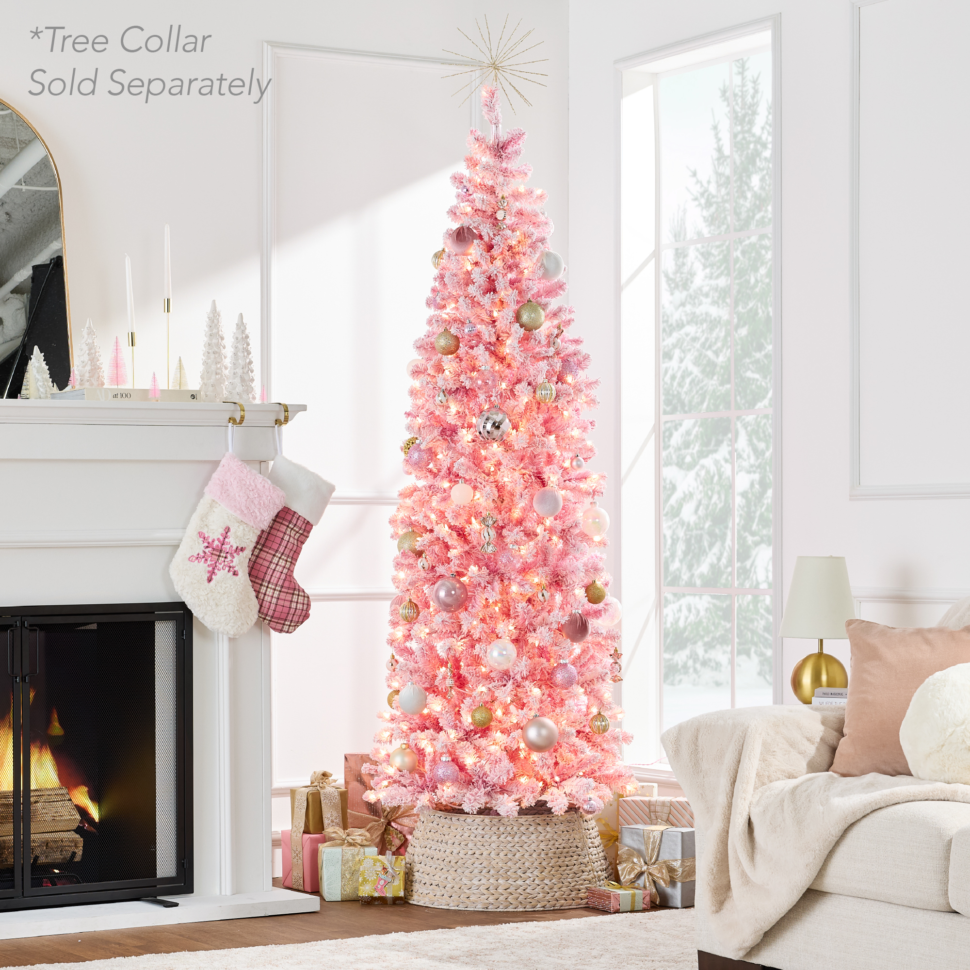 Best Choice Products Pre-Lit Snow Flocked Artificial Pencil Tree Pink