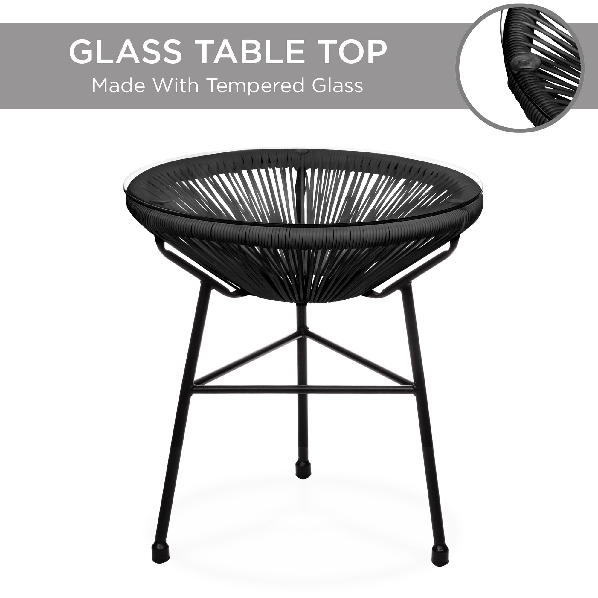 Best Choice Products 3-Piece All-Weather Acapulco Bistro Set Rope Glass Top