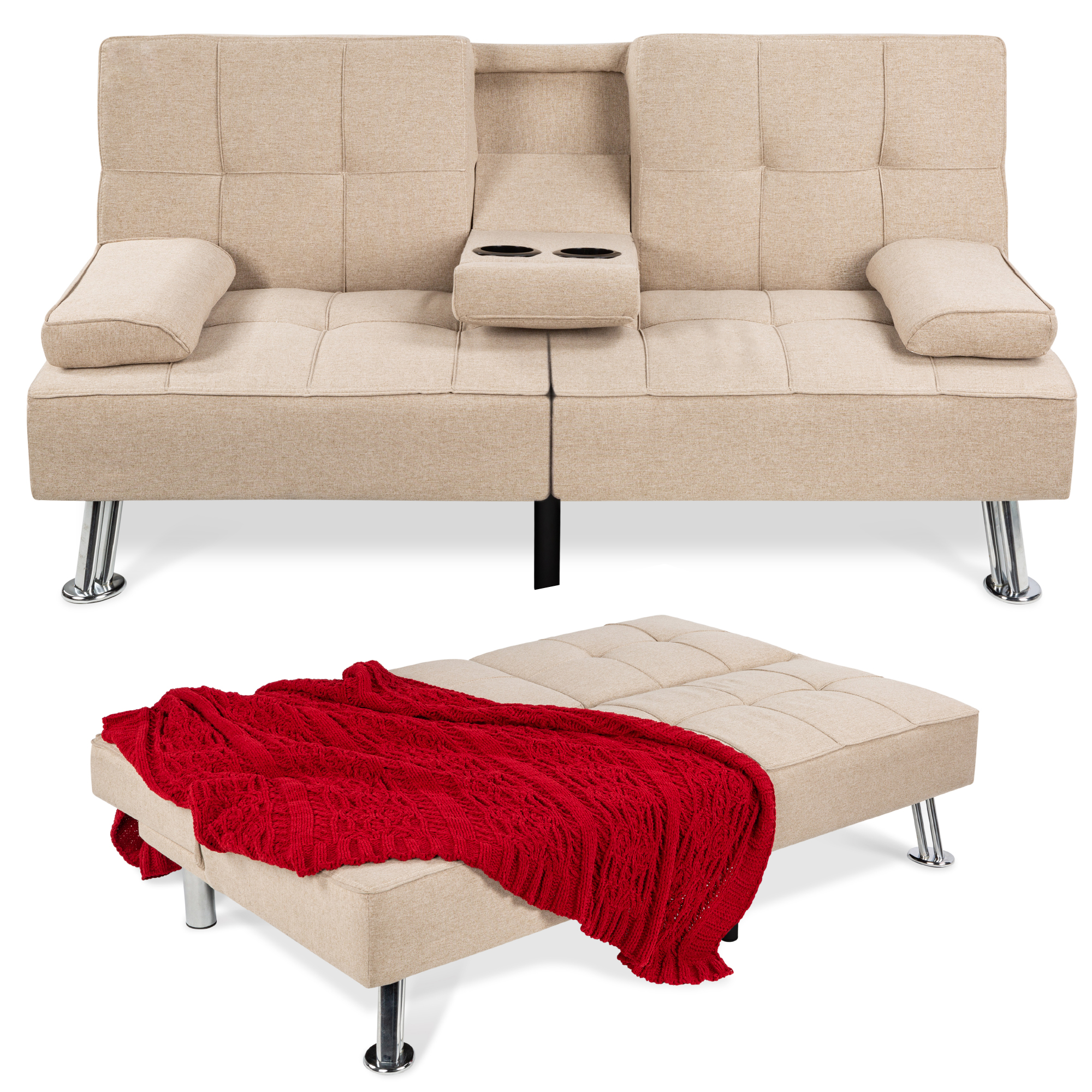 Best Choice Products Linen Upholstered Convertible Sofa Bed Futon 2 Cupholders
