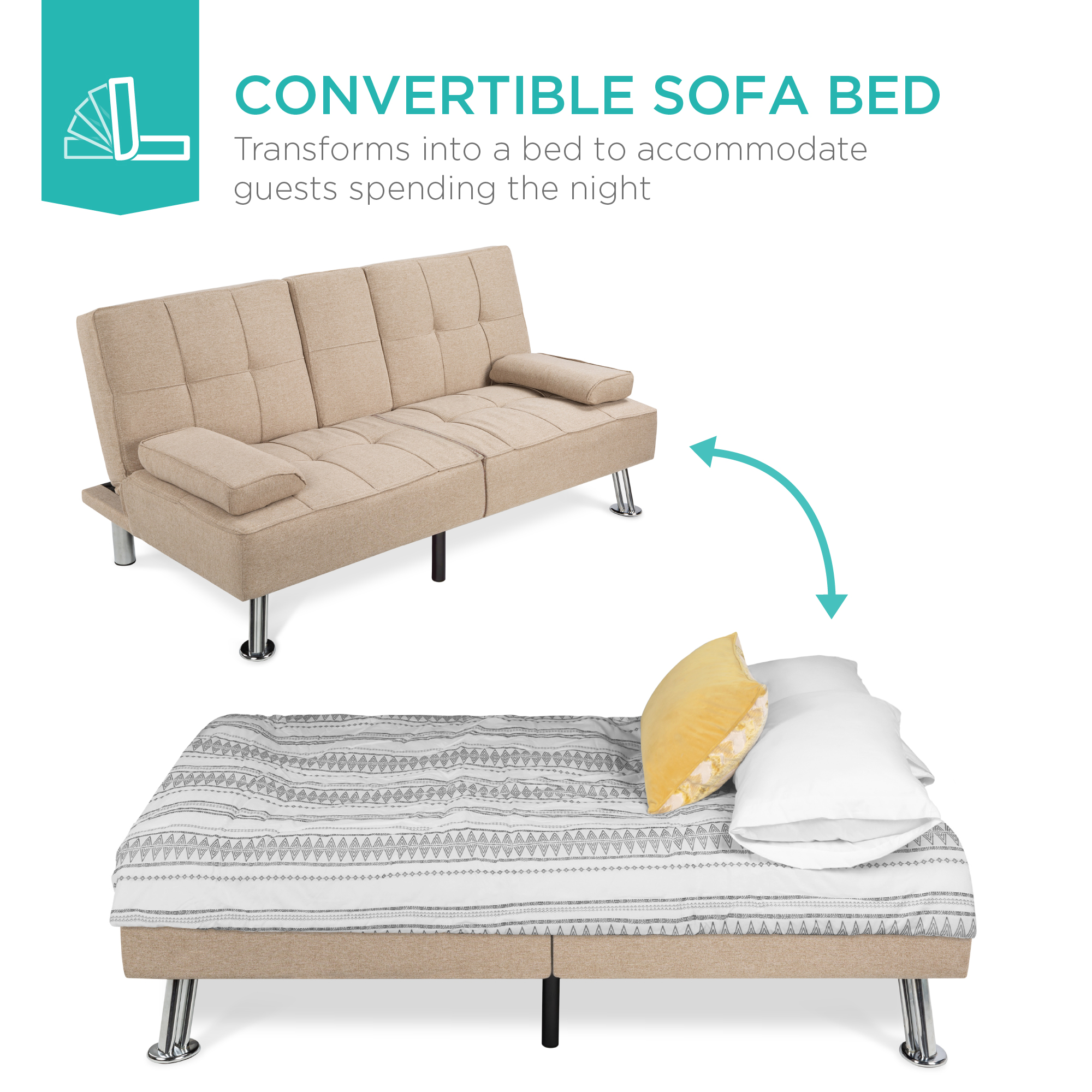 Best Choice Products Linen Upholstered Convertible Sofa Bed Futon 2 Cupholders