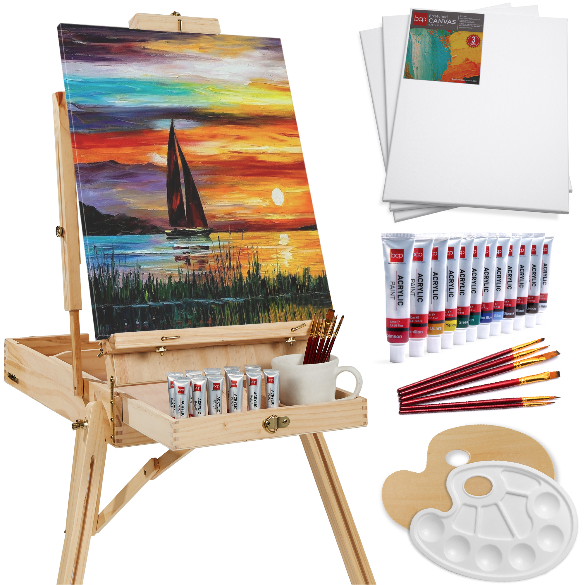 Best Choice Products Portable Wooden French Easel w/ Beginners Kit 32pc