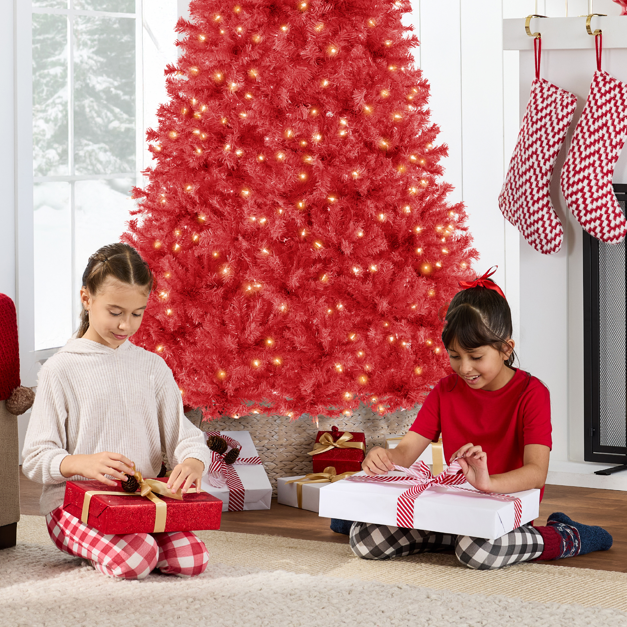 Best Choice Products Pre-Lit Artificial Christmas Tree Incandescent Lights Red