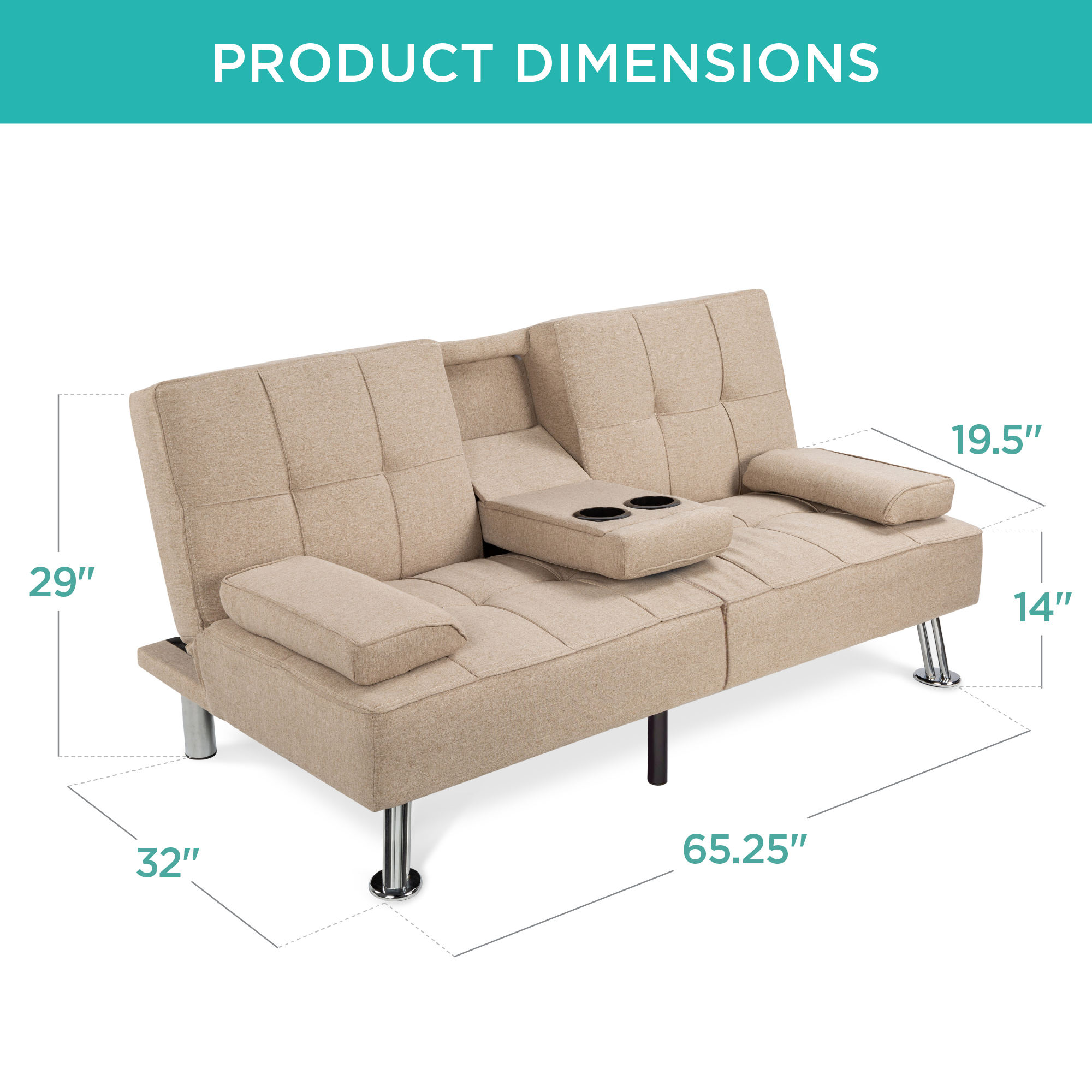 Best Choice Products Linen Upholstered Convertible Sofa Bed Futon 2 Cupholders