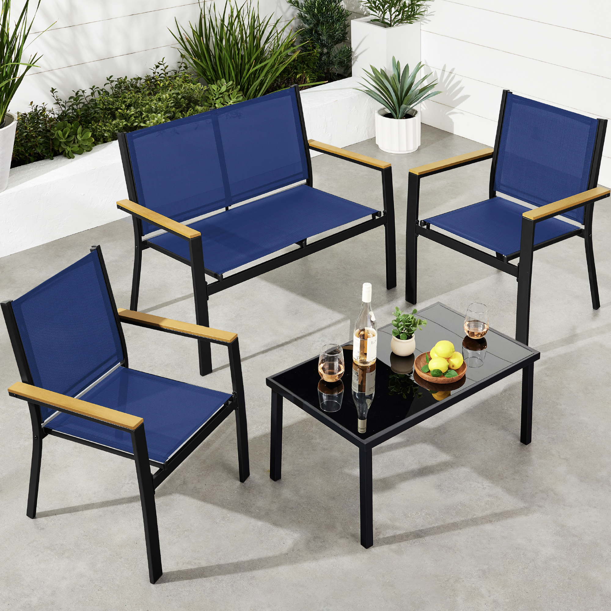 Best Choice Products 4-Piece Textilene Outdoor Conversation Set Cushions Table
