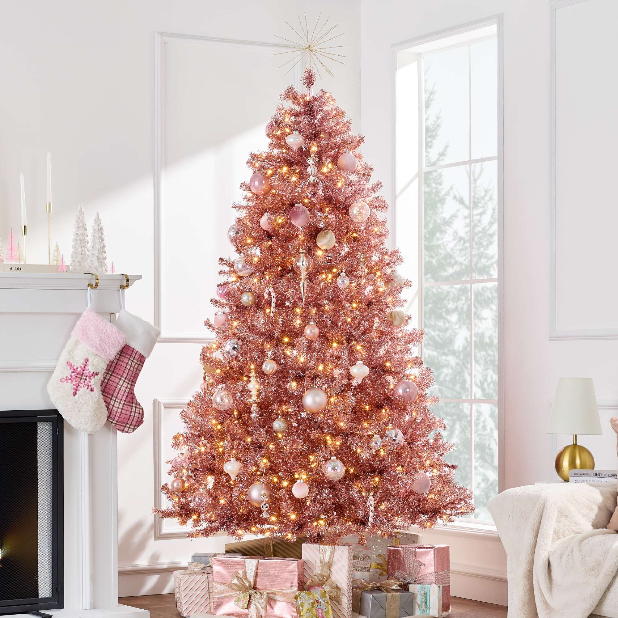 Best Choice Products Prelit Artificial Tinsel Christmas Tree Foldable Stand Pink