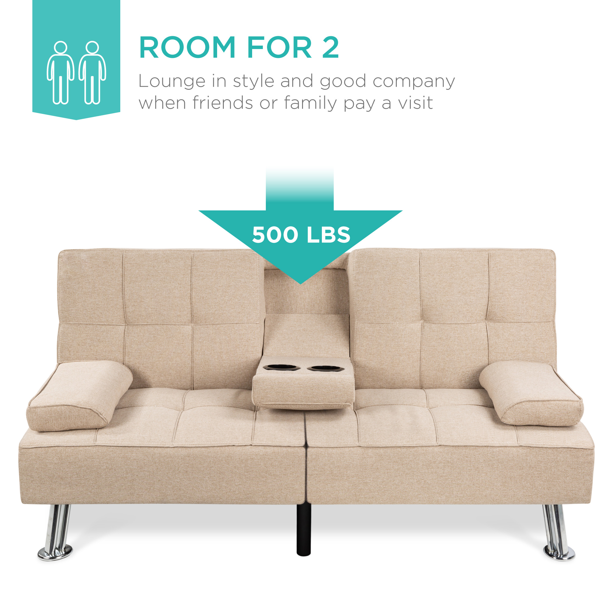 Best Choice Products Linen Upholstered Convertible Sofa Bed Futon 2 Cupholders