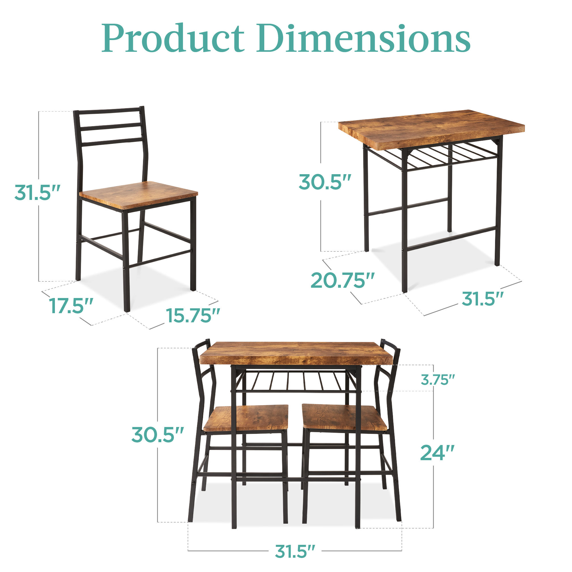 Best Choice Products 3-Piece Square Dining Set w/ Storage Rack