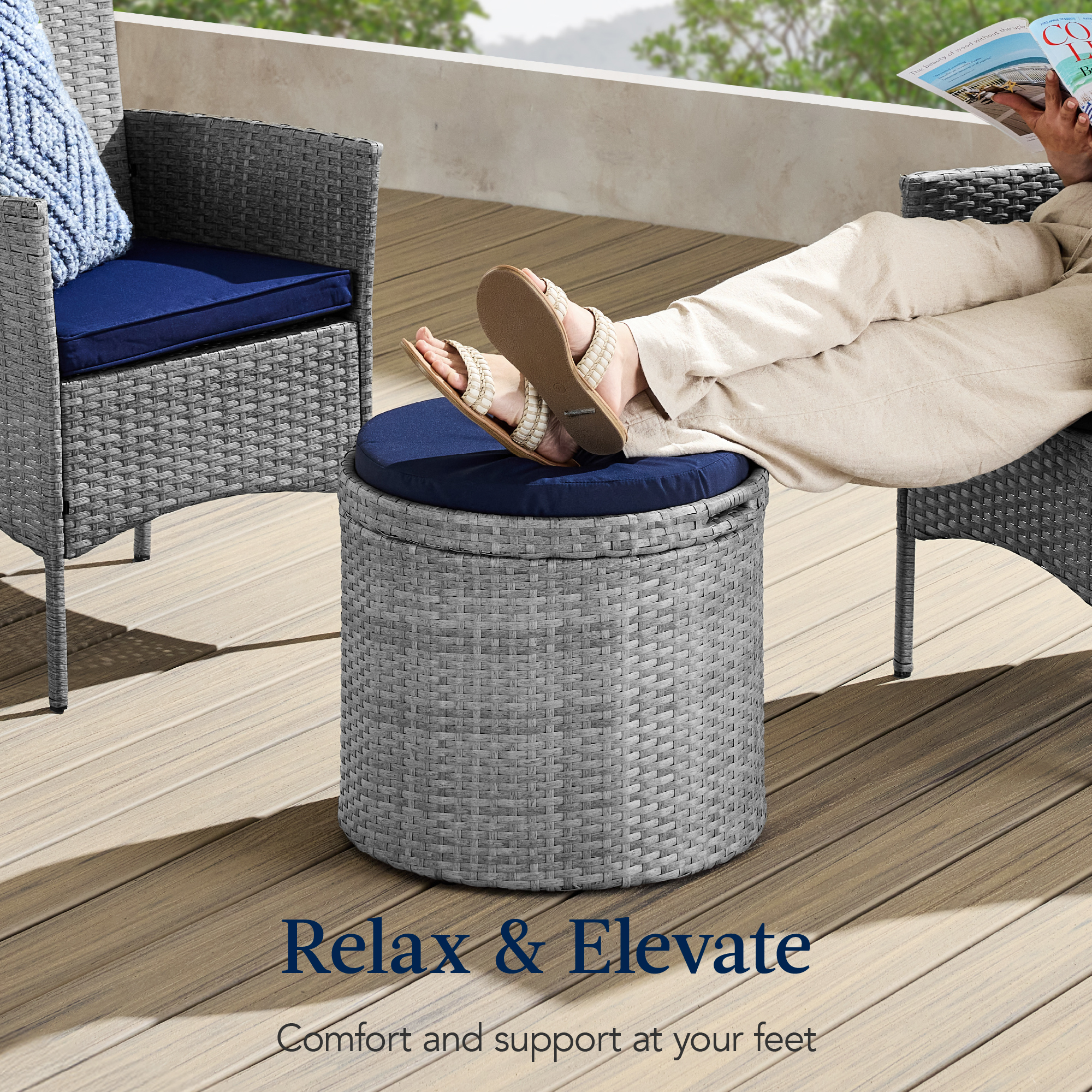 Best Choice Products Round Wicker Ottoman Multipurpose Furniture Removable