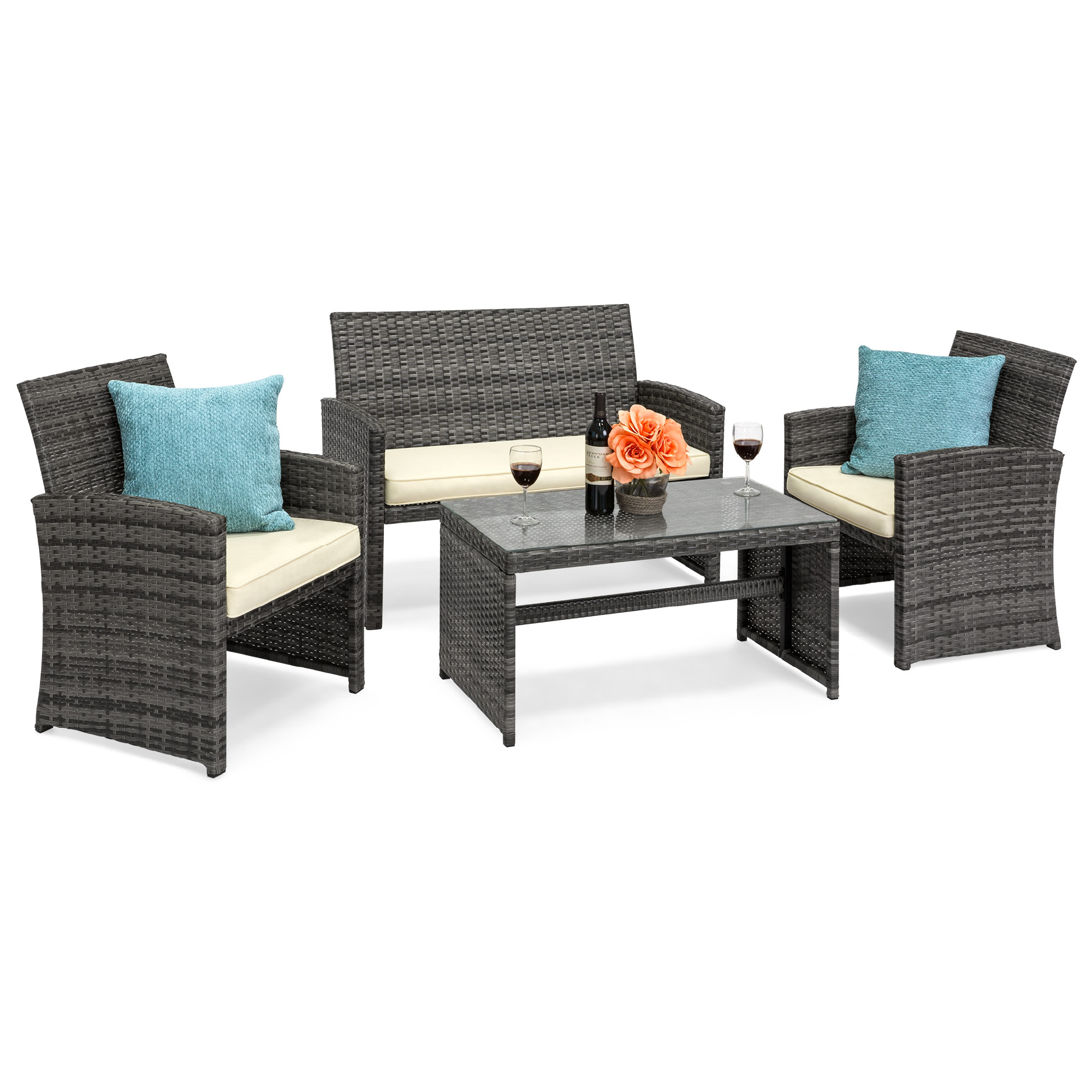 Best Choice Products 4-Piece Wicker Conversation Set 4 Seats Glass Table Top