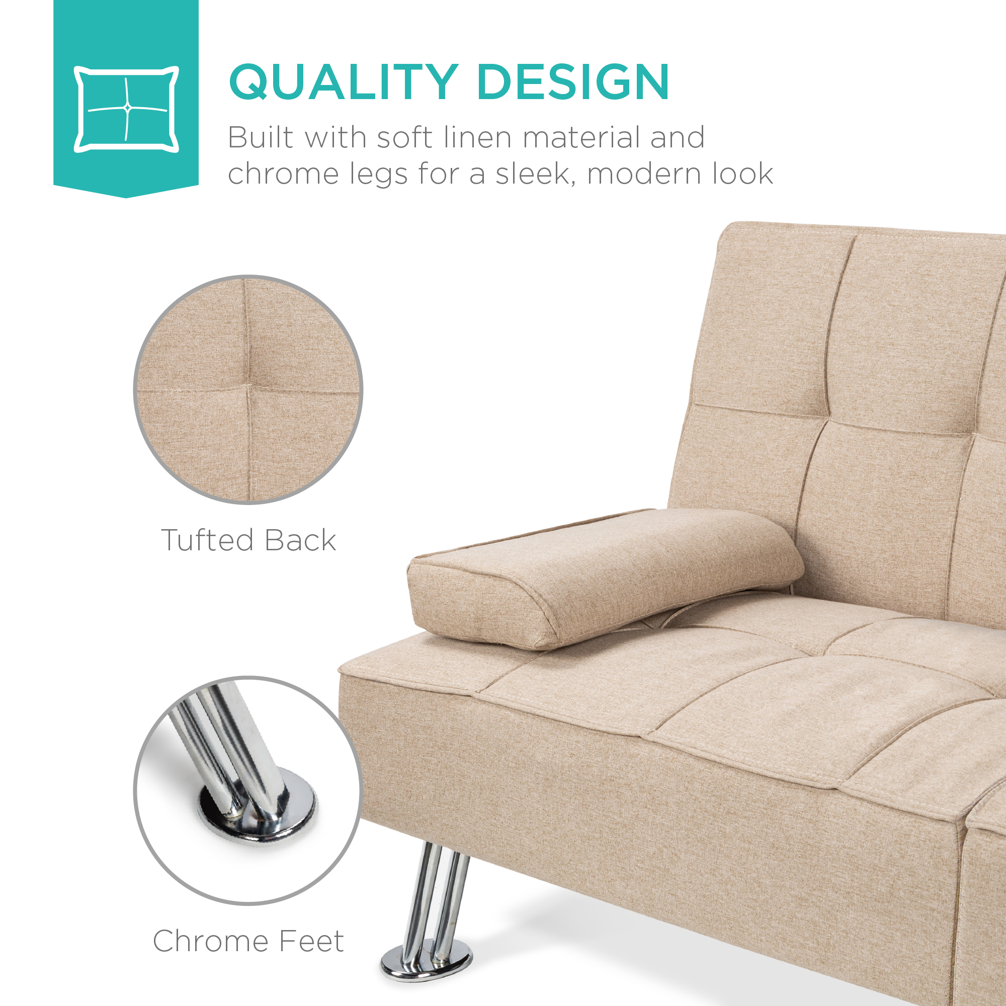 Best Choice Products Linen Upholstered Convertible Sofa Bed Futon 2 Cupholders